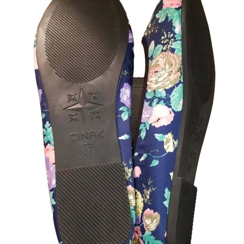 Navy Floral Ballet Flats Round Toe Cottagecore Slip On Shoes - Picture 7 of 8